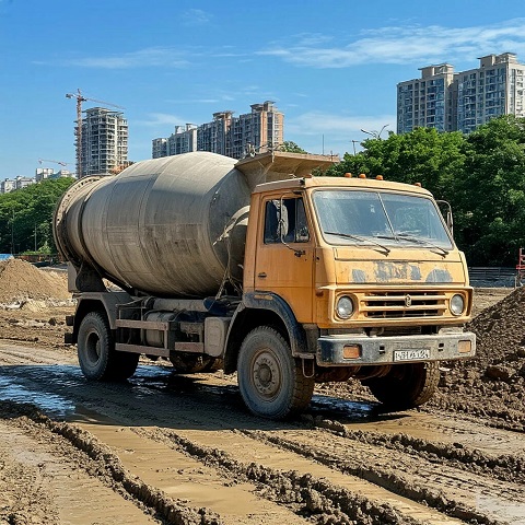 На строительную площадку в городе привезли бетон на грузовике-бетоновозе