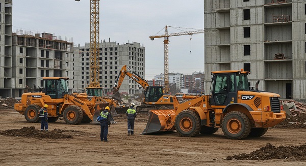 Парк фронтальных погрузчиков на строительной площадке застройщика с жилыми домами