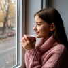 Девушка с хорошим настроением у пластикового окна пьет напиток из чашки