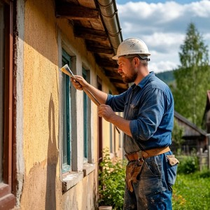 Строитель красит фасад дома в деревне