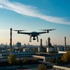 БПЛА в небе занимается шпионажем над промышленной зоной в городе