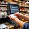 В магазине около кассового аппарата - кассир выдает покупателю чек
