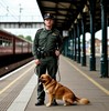 Кинолог с собакой на дежурстве в железнодорожном вокзале