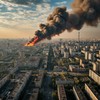 Техногенная катастрофа - большой город вид сверху, в далеке большой пожар на промышленном предприятии