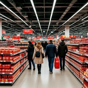 Люди делают покупки в большом гипермаркете
