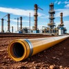 Трубы с изоляцией поверх грунта на фоне нефтяных вышек