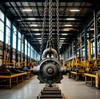 В производственном цеху на цепных стропах перемещают массивную деталь