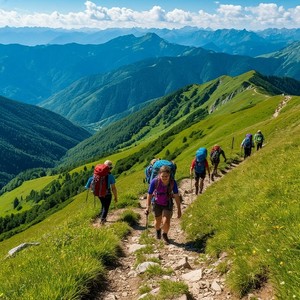 Туристы поднимаются по горной тропе