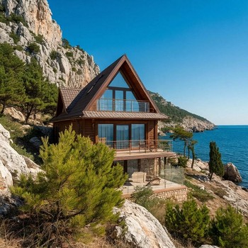 Каркасный дом в Крыму на берегу моря, окруженный каменистым ландшафтом с можжевельником