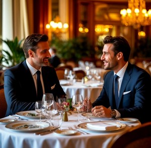 Два джентльмена общаются в дорогом ресторане