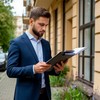 Специалист по оценке с планшетом в руках и документами осматривает здание