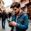 Парень стоит на улице и смотрит в свой смартфон, мимо проходят горожане
