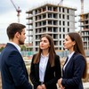 Риэлтор показывает покупателям многоэтажную новостройку, строящуюся в центре города