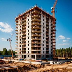 На строительной площадке идет энергичная стройка многоэтажного здания