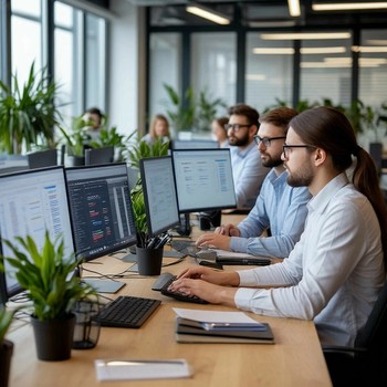 Офисные сотрудники сидят за мониторами компьютеров и работают с АСУ