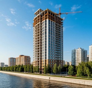 Строительство многоэтажного жилого комплекса на берегу