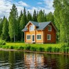 Дачный дом с пластиковыми окнами на берегу реки на фоне леса