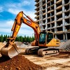 Экскаватор работает на стройке