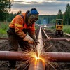 Сварочные работы на шве трубопровода вне города
