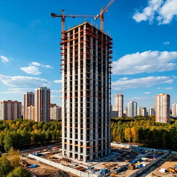 На строительной площадке в городе ведется строительство высотного здания