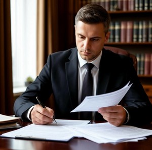 Юрист изучает несколько документов в своем офисе