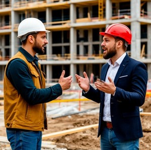 Покупатель квартиры в новостройке ругается с представителем компании на строительной площадке