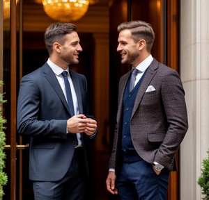 Два бизнесмена беседуют у входа в отель