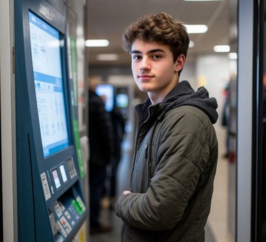 Молодой человек стоит у банкомата