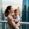 Счастливая молодая мать с ребенком на руках стоит на террасе небоскреба и смотрит в даль на город