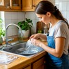 Женщина моет посуду в металлической раковине на кухне