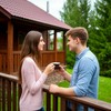 Девушка и парень пьют кофе на террасе коттеджа, облокотившись на перила ограждения