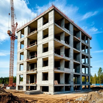 Строительство дома - построено несколько этажей, рядом стоит кран