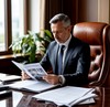Руководитель компании читает глянцевый журнал, сидя в кожаном кресле у своего стола
