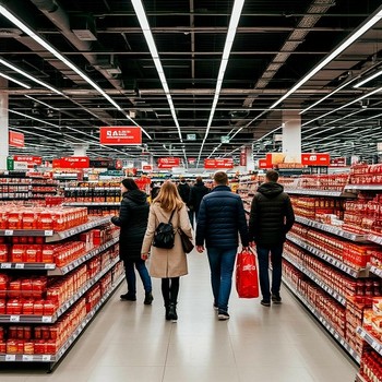 Люди делают покупки в большом гипермаркете