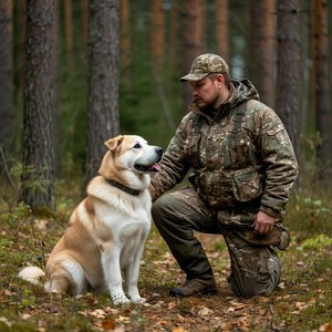Среднеазиатская овчарка вместе с охотником в лесу