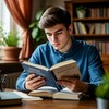 Молодой человек внимательно читает книгу по психологии, сидя за письменным столом в домашней атмосфере