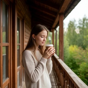 Девушка стоит на веранде коттеджа и пьет кофе