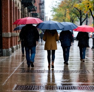 Несколько человек с зонтами идут под дождем по городскому тротуару, в котором вмонтированы дождеприемники