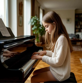 Девочка играет на пианино в большой комнате квартиры
