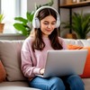 Девушка в наушниках сидит на диване с ноутбуком и слушает музыку