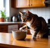 Кошка кушает корм из миски на кухне квартиры