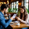 В ресторане за столиком сидят парень и девушка, на столе лежит счет, девушка оплачивает счет по qr-коду через смартфон