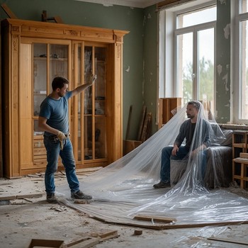 Два веселых строителя на ремонте помещения, нестандартное применение стрейч-пленки :)