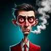 Мультяшный персонаж с красными глазами и синяками под глазами, худой и больной, выдыхает дым