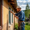 Строитель красит фасад дома в деревне