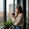 Девушка на балконе с остеклением стоит и пьет кофе