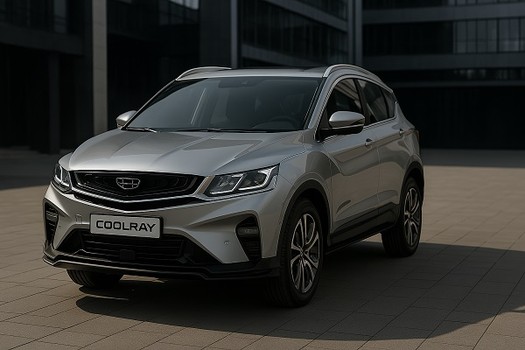 Geely Coolray, припаркованный у современного здания