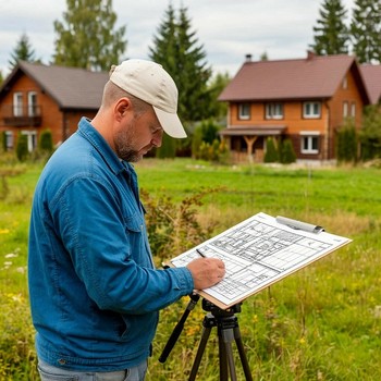 Геодезист делает кадастровый план участка в коттеджном поселке