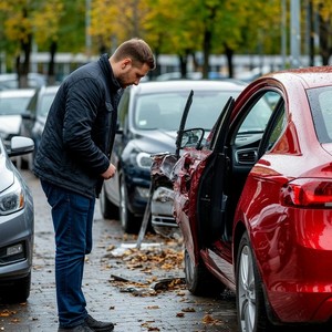 Стоянка с автомобилями - покупатель осматривает автомобиль с повреждениями кузова