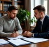 Мужчина консультируется с юристом в его кабинете